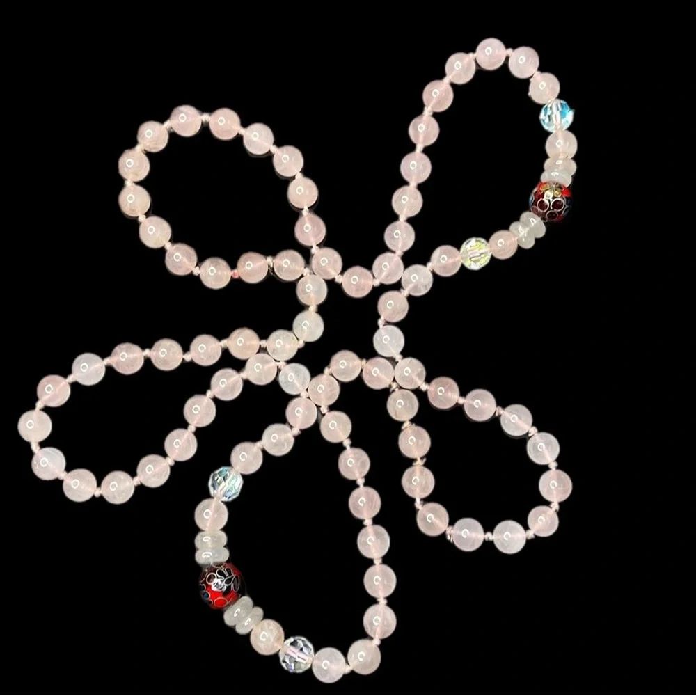 Pink Rose Quartz Beaded Necklace w Cloisonne & Aurora Borealis Accent Be…